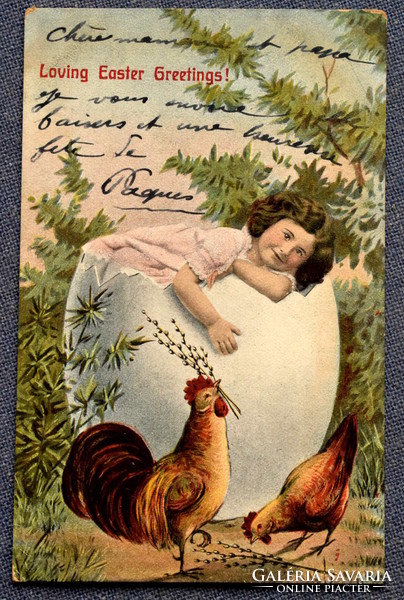 Antik Húsvéti üdvözlő litho képeslap montázs fotó kisleány tojás kakas barka tyúk