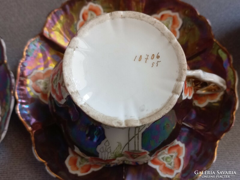 Antik eozinos teás szett 4 db, csésze és kistányér, gyűjtői