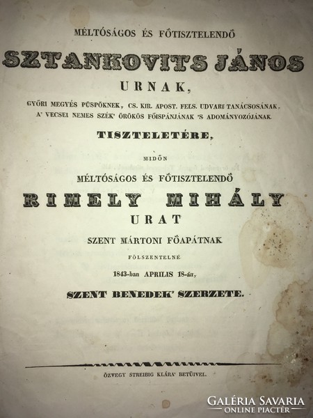 /1843/Rimely Mihály Urat Szent Mártoni Főapátnak Fölszentelné.Szent Benedek Szerzete. Özv Streibig