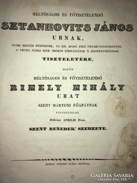 /1843/Mr. Mihály Rimely would be consecrated as the abbot of St. Martin. Monk of St. Benedict. Widow streibig