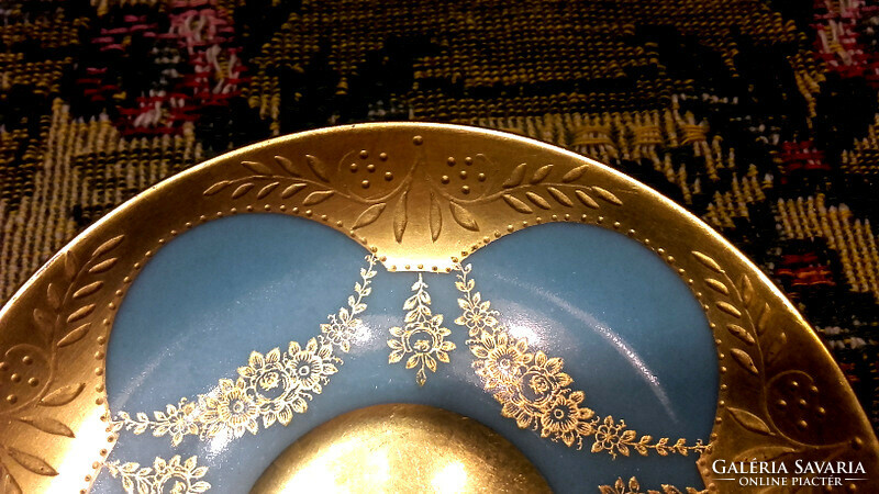 ANTIK  KÉZIFESTETT türkiz és arany csodaszép PORCELÁN  CSÉSZE és ALJA - Art&Decoration