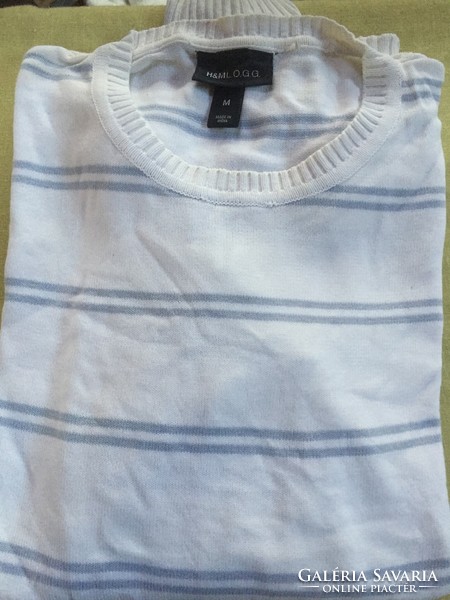 Men's light blue-white striped cotton sweater, size m