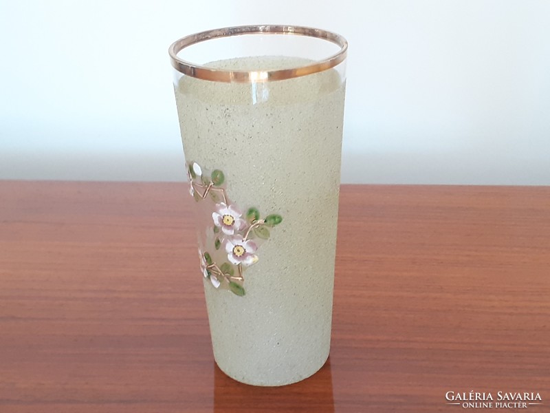 Antik zománcfestett virágos üveg pohár díszpohár