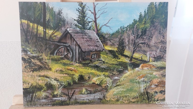 (K) Szép tájképfestmény patakkal, házzal 45x33 cm