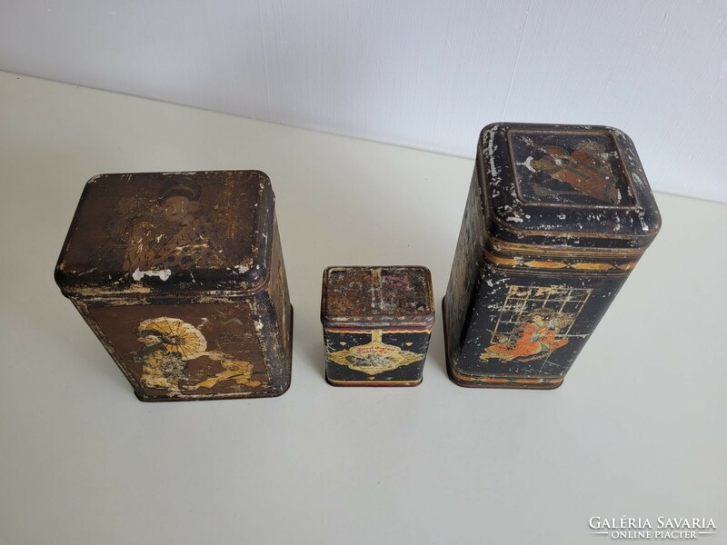 Régi fémdoboz vintage kínai mintás teás pléh doboz 3 db