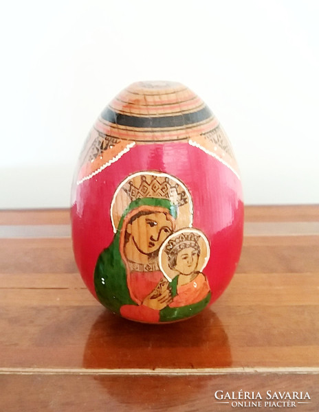 Régi húsvéti festett orosz fa tojás fatojás Mária és Jézus motívum
