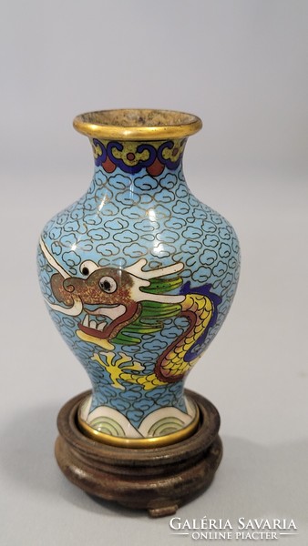 Chinese Dragon Enamel Copper Vase with Wooden Pedestal