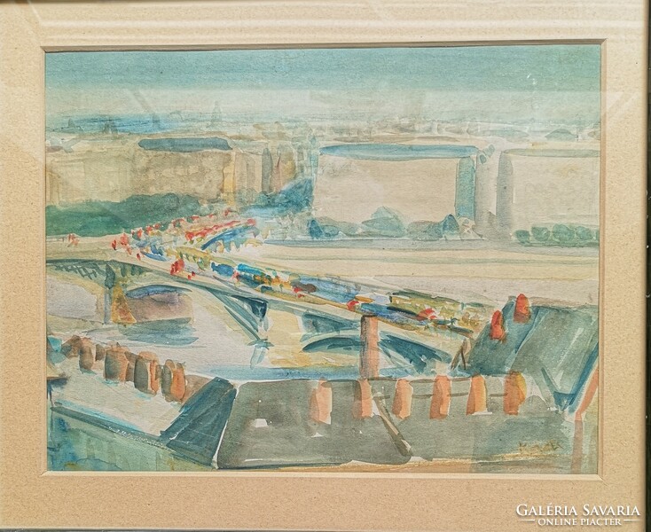 Budapest, Margit híd. Jelzett akvarell festmény. Erős színekkel.