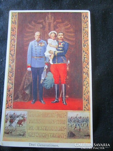 Cca 1914 FERENC JÓZSEF MAGYAR KIRÁLY + KÉSŐBBI IV. KÁROLY + OTTÓ TRÓNÖRÖKÖS HERCEG színes képeslap