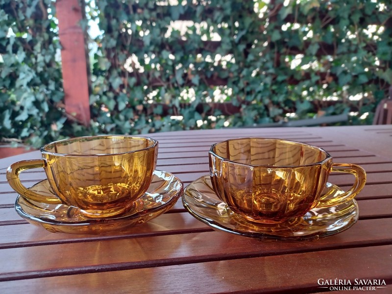 Retro amber glass tea cup + saucer - set of 2