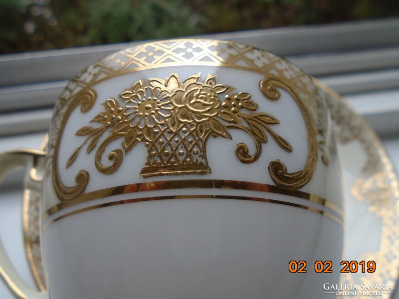 1920 NORITAKE luxus japán Art Deco aranybrokát virágkosár mintás újszerű csokoládés csésze alátéttel