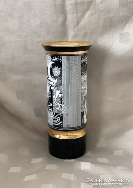 Hölóháza porcelain cylinder-shaped vase, Saxon Ender decor, gilded decoration, 20 cm high