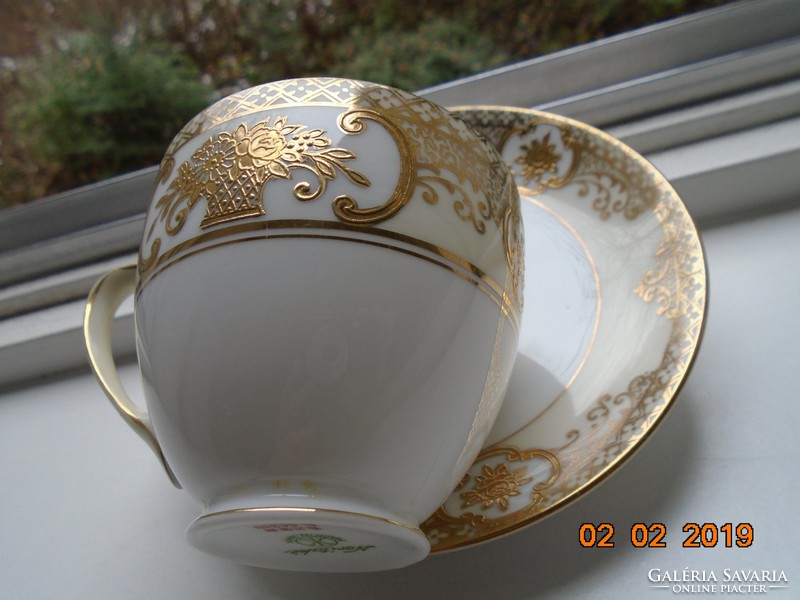 1920 Noritake Luxury Japanese Art Deco Gold Brocade Flower Basket Pattern Novelty Chocolate Cup with Coaster