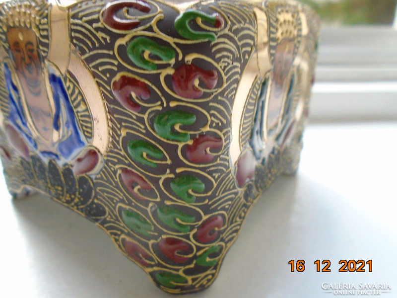 Satsuma moriage incense with spectacular gold and enamel patterns, 4 buddhas, pierced dome roof
