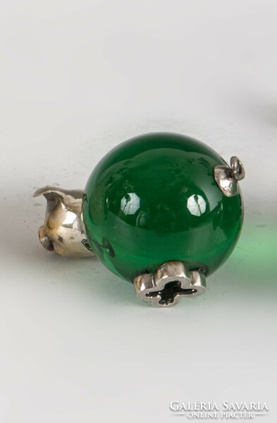 Silver applique pig miniature figurine - with green glass body