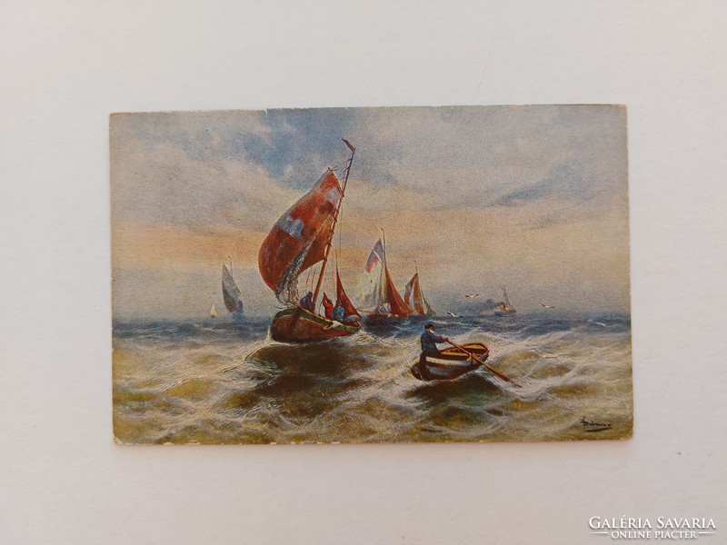 Old postcard postcard with ships sea