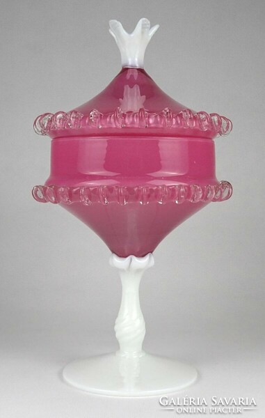 1M342 Antik nagyméretű rózsaszín fújt üveg talpas bonbonier 27 cm