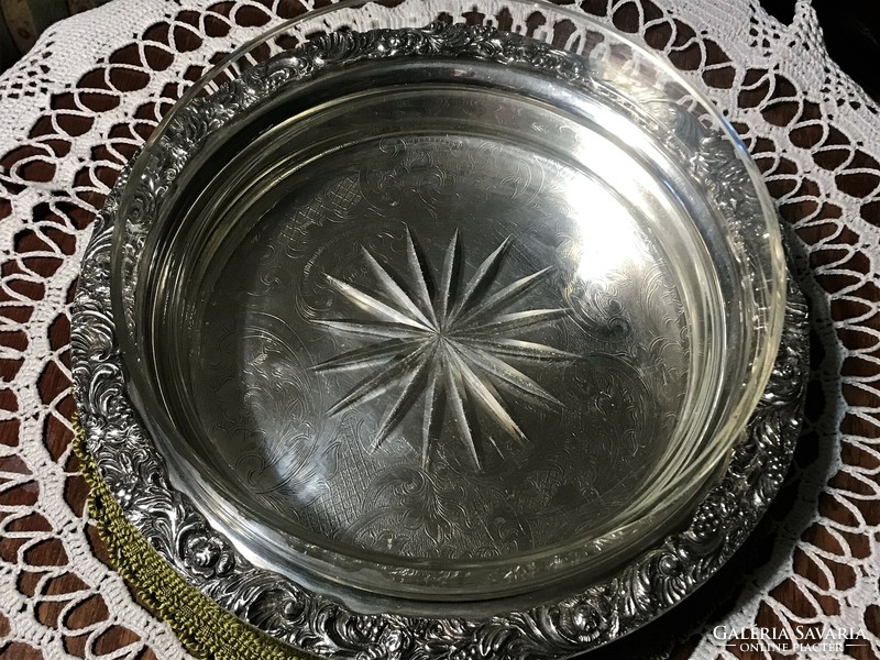 Beautiful, old, large, silver-plated, crystal-inlaid, chiseled offering bowl, centerpiece