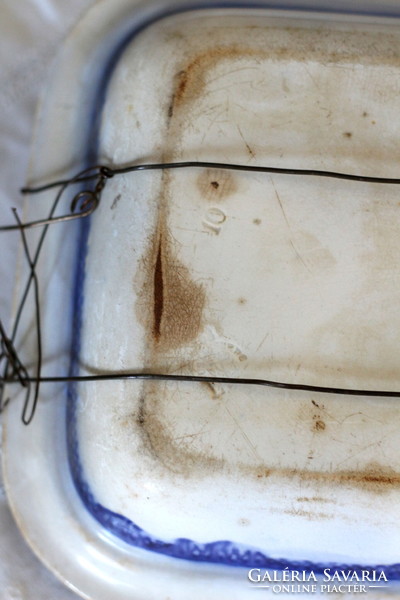 Antik Gustavsberg fajansz tál, máz alatti kobalt kézi festésű, sérült, javított