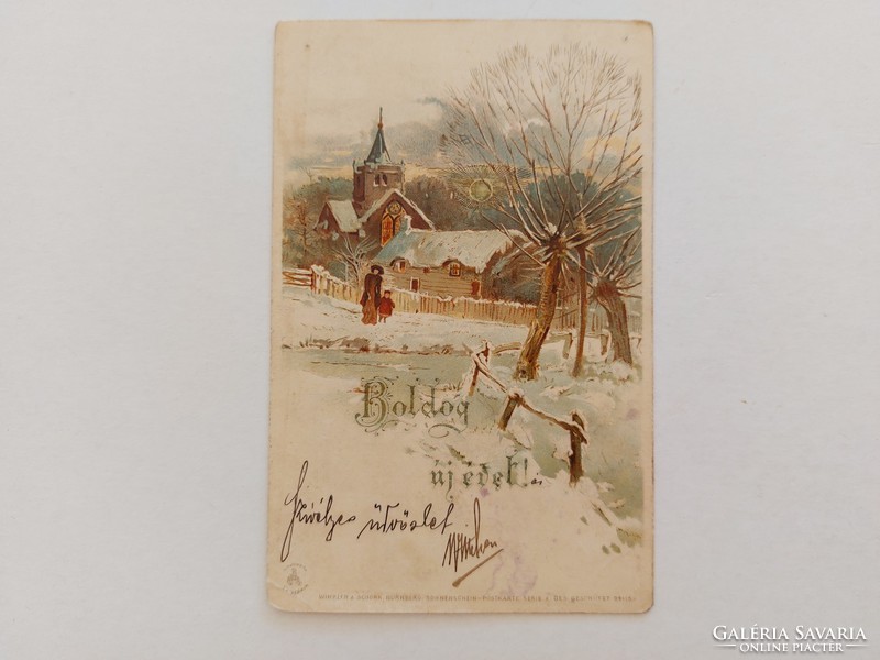 Régi újévi képeslap levelezőlap havas táj templom