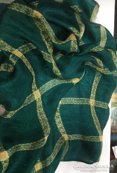Dark green-gold checkered brocade shiny scarf with a cat pattern