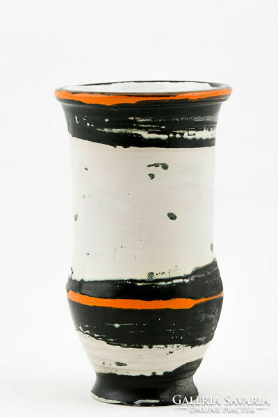 Gorka livia, retro 1950 white vase black-ns. 23.5 Cm artistic ceramic with stripes, perfect! (G182)
