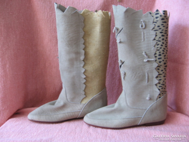 Italian beige leather - ocelot polka dot canvas fashion boots