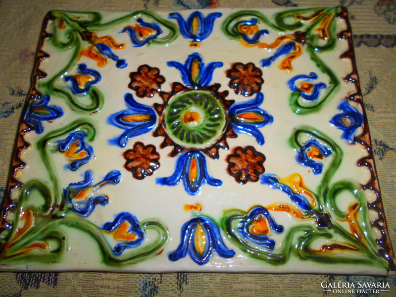 Páll Guszti Transylvanian majolica tile with plastically protruding decoration