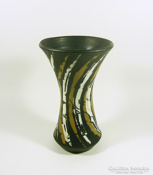 Gorka livia, retro 1950 black twisted vase with stripes 20.5 Cm artistic ceramics, flawless! (G172)