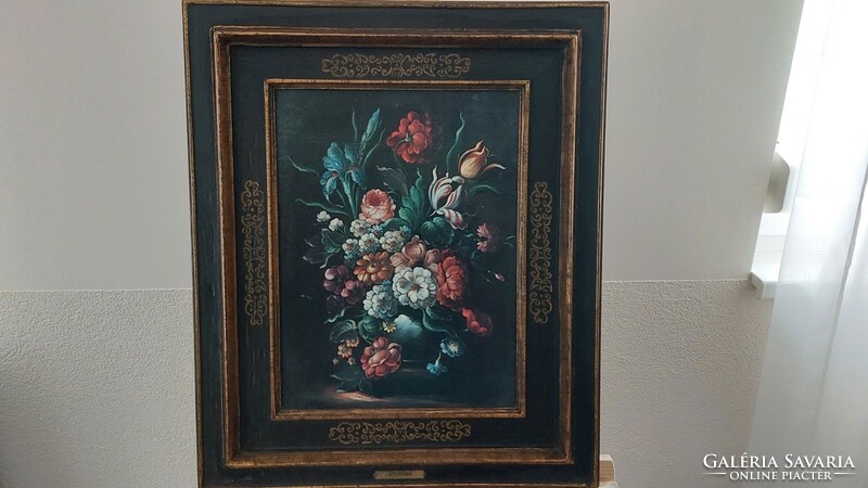 (K) floral still life print in a unique wooden frame with a 49x60 cm frame