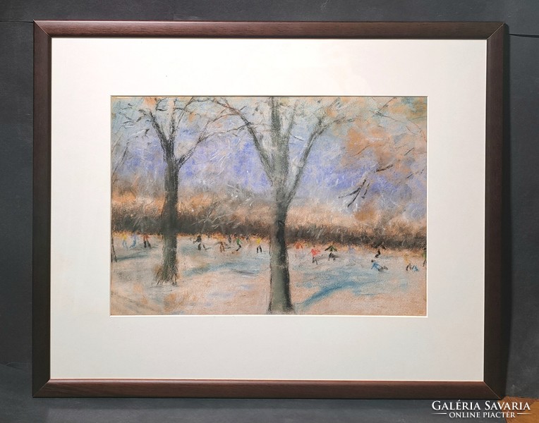 Ice skaters - cozy winter lifestyle (pastel) winter sports, snowfall