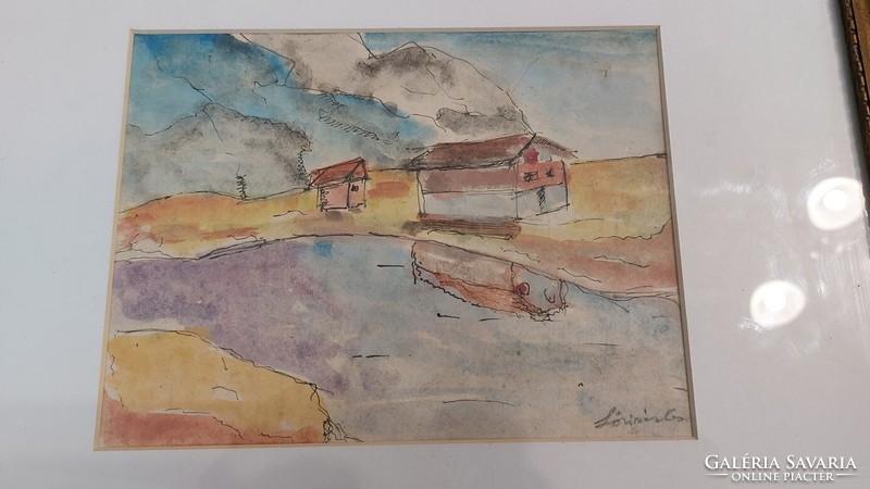 (K) signed highlands with houses watercolor painting 37x28 cm with frame