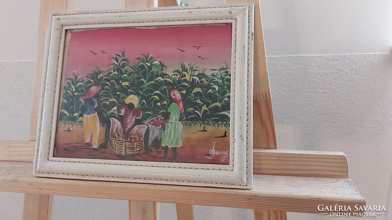 (K) Kis szignózott afrikai életkép festmény 27x21 cm kerettel