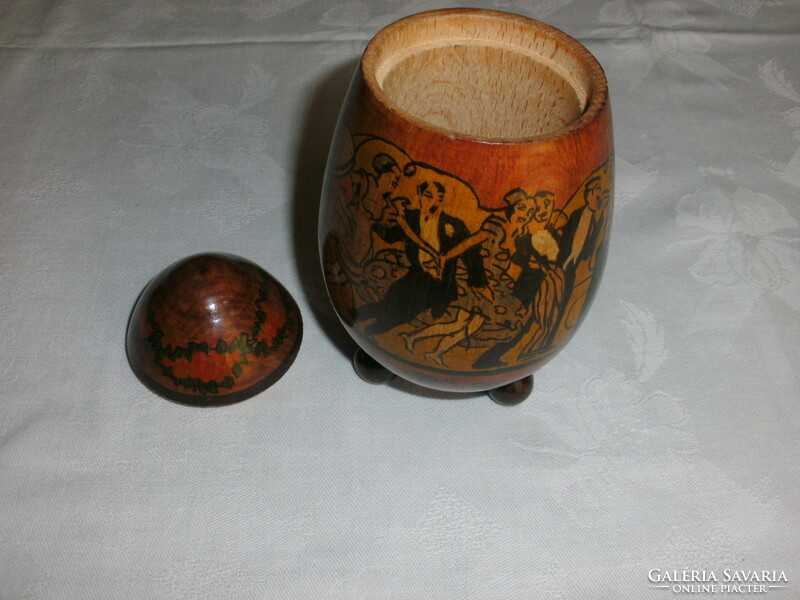 Antique wooden egg-shaped box, offering, painted