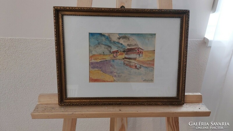 (K) Szignózott hegyvidék házakkal akvarell festmény 37x28 cm kerettel