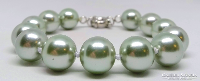 Shell pearl bracelet, pale silver-green colored 12 mm pearls