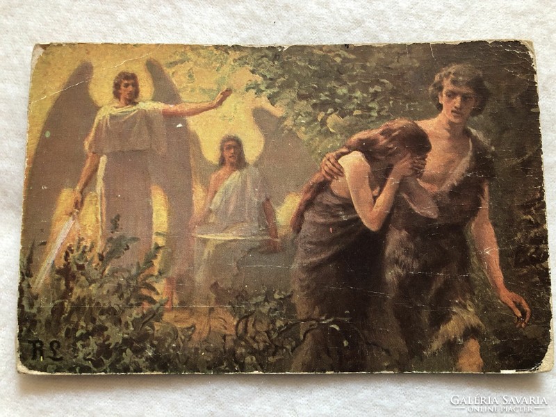 Antik, régi képeslap  - " Ádám és Éva kiűzetése a paradicsomból "                               -5.