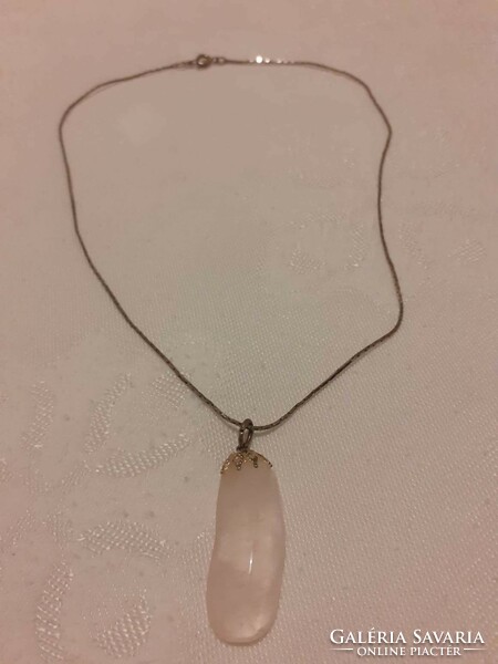 Silver-plated necklace with elongated mineral (rock crystal?) pendant