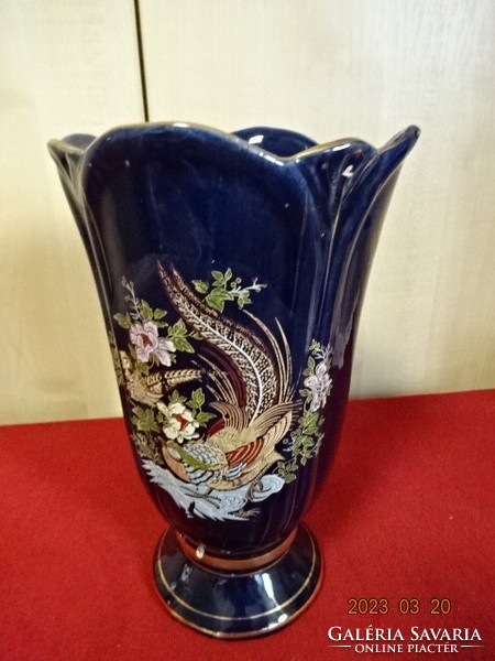Cobalt blue German porcelain vase with gold pheasant painting. Jokai.
