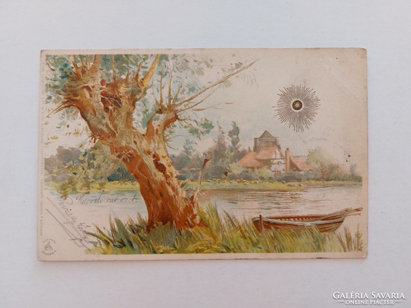 Régi képeslap 1901 levelezőlap folyópart tájkép Nap