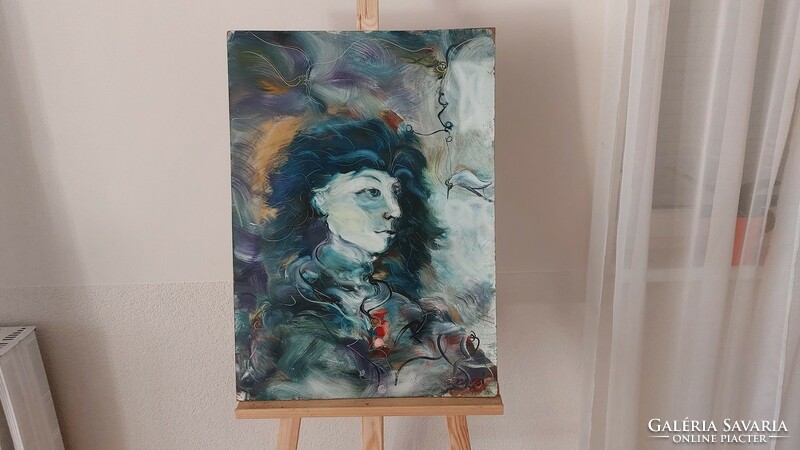 (K) Remek absztrakt szürrealista portré festmény 50x70 cm