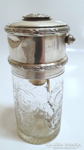 Ezüst (925) 10 darabos, szecessziós pipere szett púdertatróval és francia (950) parfümös üveggel