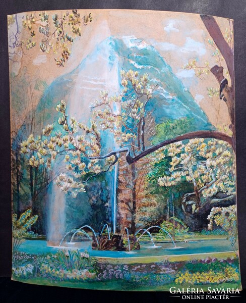 Szökőkút a parkban - vidám tavaszi akvarell (30x35 cm)