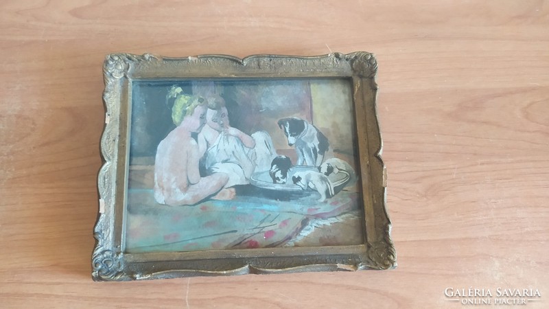 (K) children, puppies tiny old aqua painting with frame 21x17 cm.