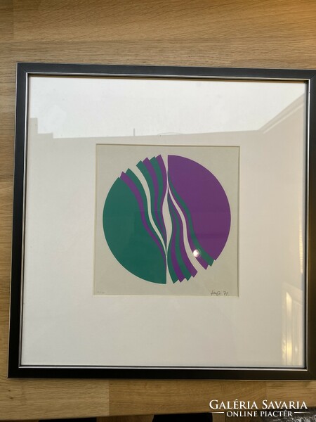 Fajó János: Körkompozició szitanyomat (zöld, lila) 1971, 26/100, lap:40x40 cm, minta kb 21x21cm