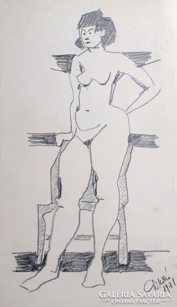Nude croquis - marked graphite pencil drawing 1981 (29x18 cm)
