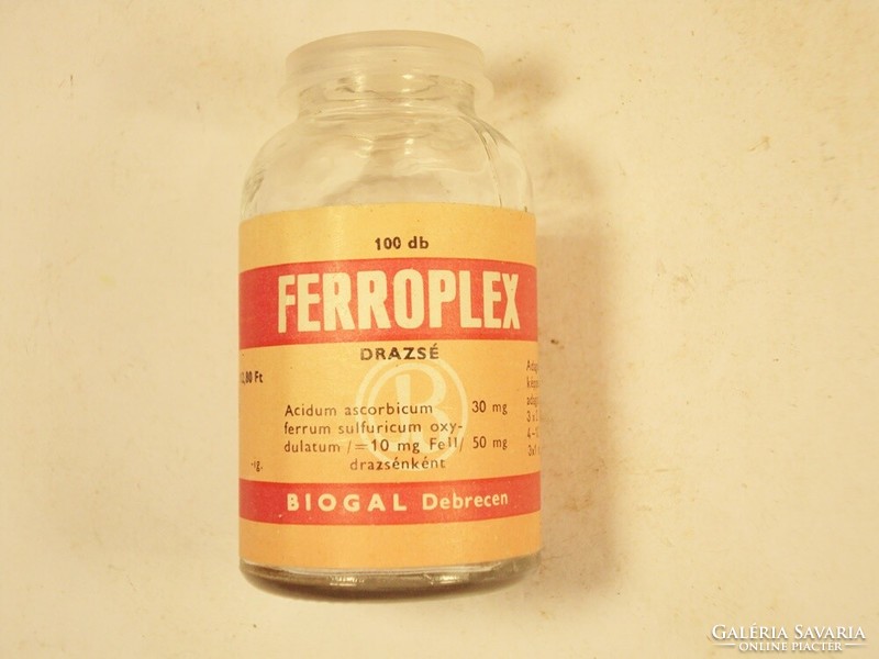 Régi retro Ferroplex drazsé üveg palack Biogal Gyógyszergyár Debrecen - 1980-as évek