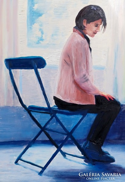 Hangulatos olajfestmény - ülő női portré (23x16 cm)