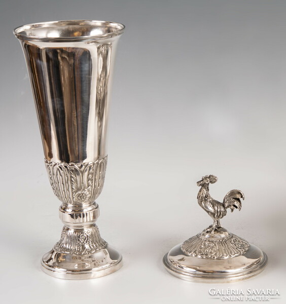 Silver lidded cup with a figure of a rooster on top