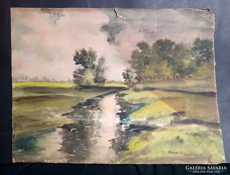 Tájkép patakkal - akvarell - Zappe Olga (40x30 cm)